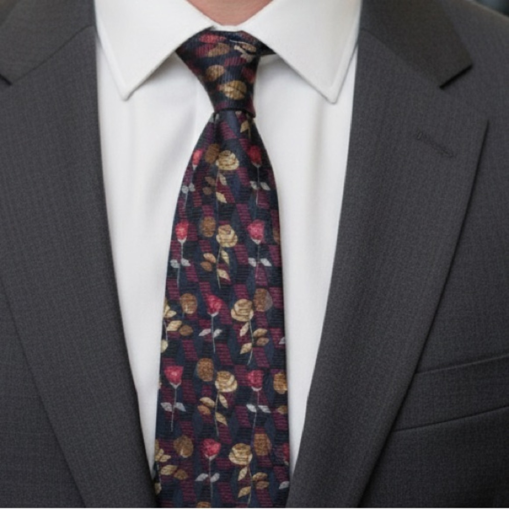 Silk - Floral Geometric Silk Tie - Black, Red, Gold , Italy